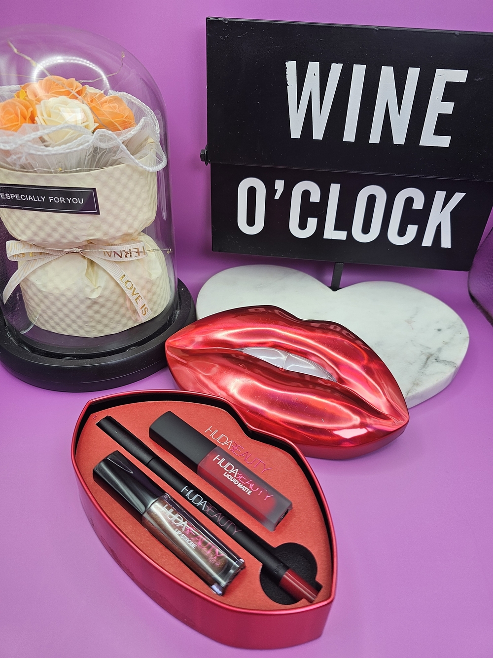 Huda Beauty Lip Kiss Set in Metallic Red — Lipstick, Lip Liner & Gloss